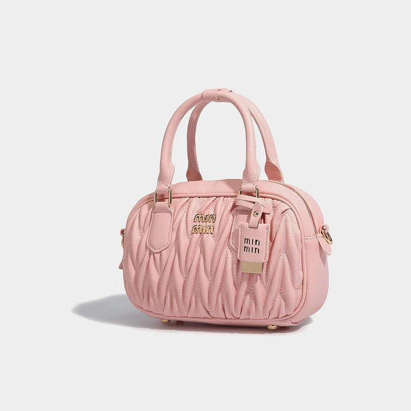 Luxury women's portable bowling bag high-end minimalist pleated fashion bag versatile single shoulder crossbody pillow bag