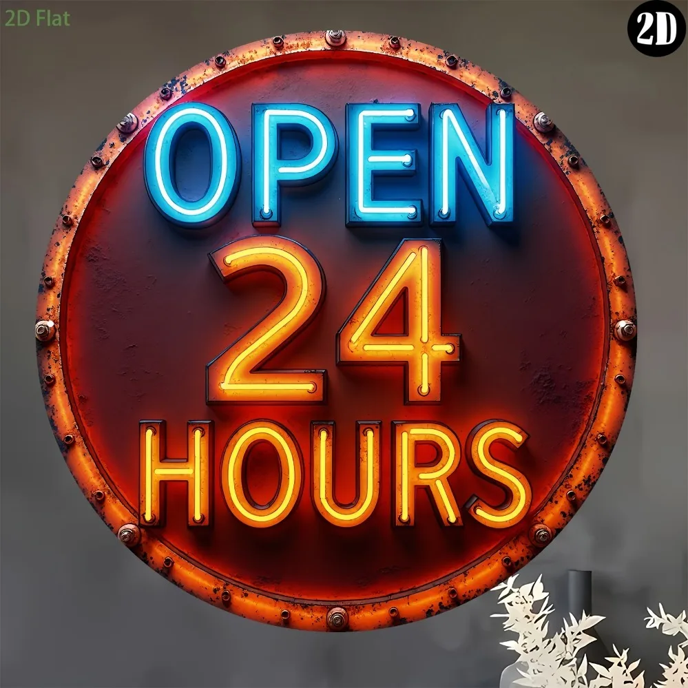 Round Rivet Frame Metal Tin Sign Open 24 Hours Fake Neon Wall Decor, Non LED 2D Flat Plaque For Diner Convenience Store