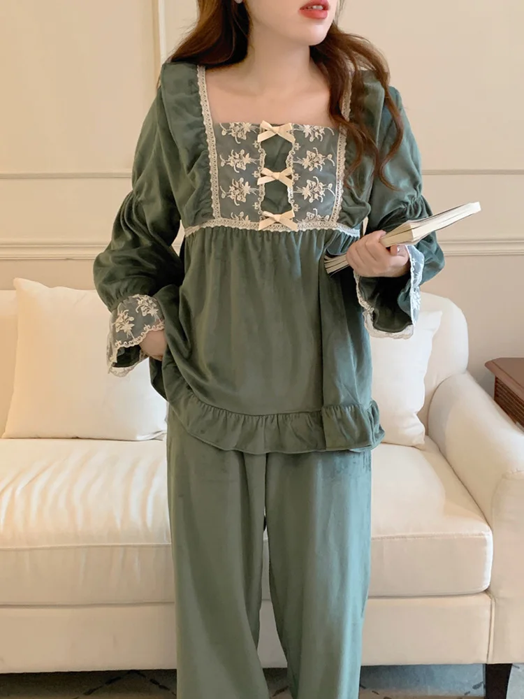 New Home Autumn Winter Simple Solid Flannel Vintage Long Sleeve Pajama Set Women Loose Princess Girlish Style Korean Sleep Tops