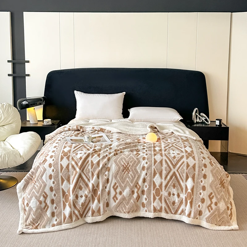 Bohemian Geometric Pattern Jacquard Fleece Blanket Autumn Winter Thicken Warm Artificial Wool Throw Blanket for Sofa Plush Plaid