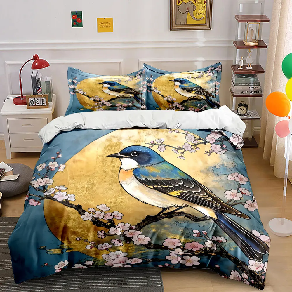 Bird and Blossom Art Decor Bedding Set with 1 Duvet Cover 2 Pillowcases Single Double King Queen, Gift