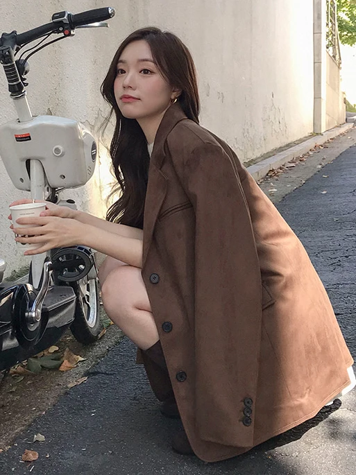 

Retro Color Series Women's Suede Jaet Korean Sle Loose Fit Single Button Notch Lapel Coat Autumn Winter Busin Casual
