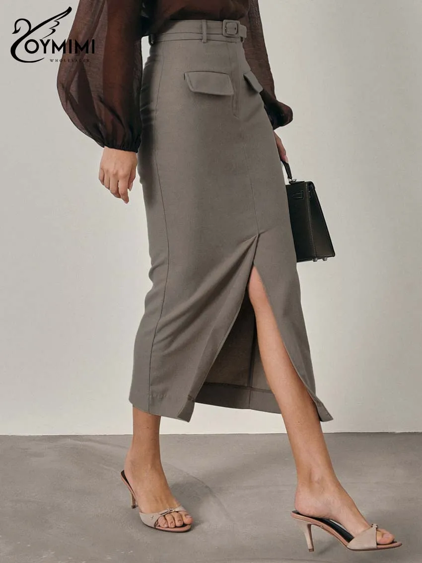 Oymimi Fashion Khaki Slim Skirts For Women Elegant High Waisted Zipper Solid Skirts Casual Pocket Straight Mid-Calf Skirt Female