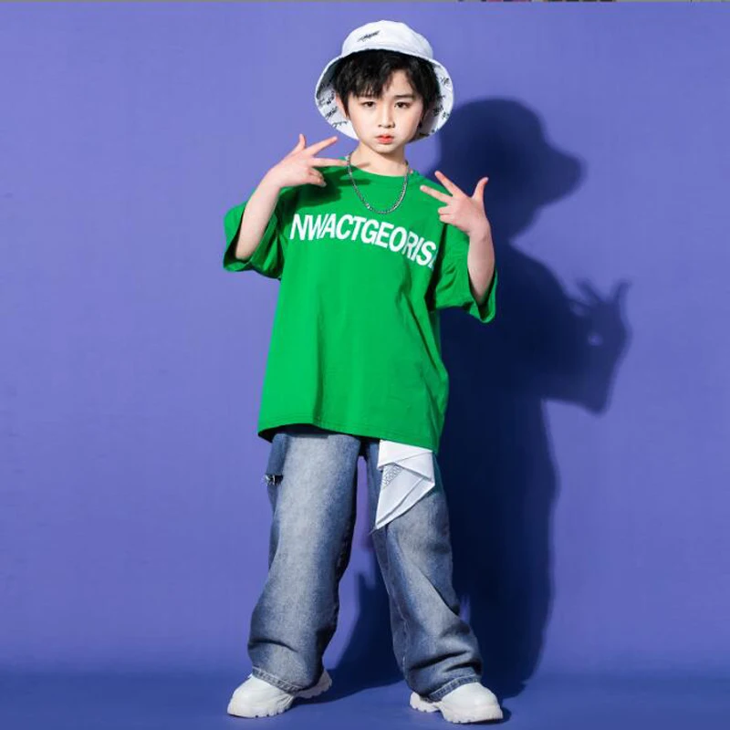 Teen Rave Outfits Hip Hop Clothing Green Tshirt Tops Streetwear Denim Pants For Kids Girls Boys Jazz Dance Costume Clothes