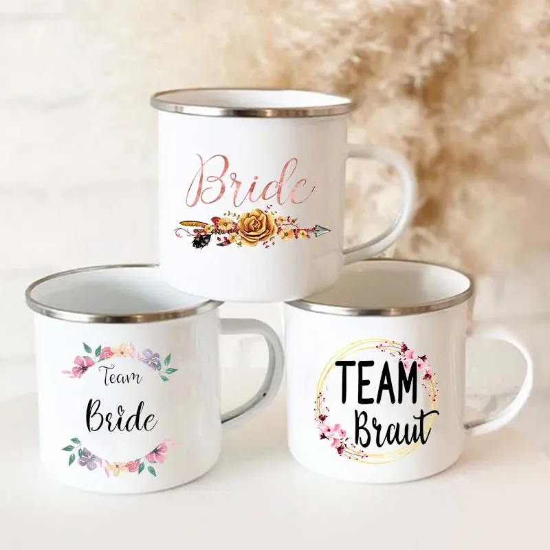 Team Bride Print Enamel Mug Bachelorette Shower Party Coffee Wine Cup Creative Maid of Honor Handle Mugs Wedding Bridesmaid Gift