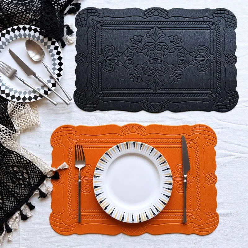 Embossed Totem Faux Leather PVC Placemat Retro Nordic 45X30Cm Waterproof Insulation Pad 4Pcs Exquisite Table Mat for Home Hotel
