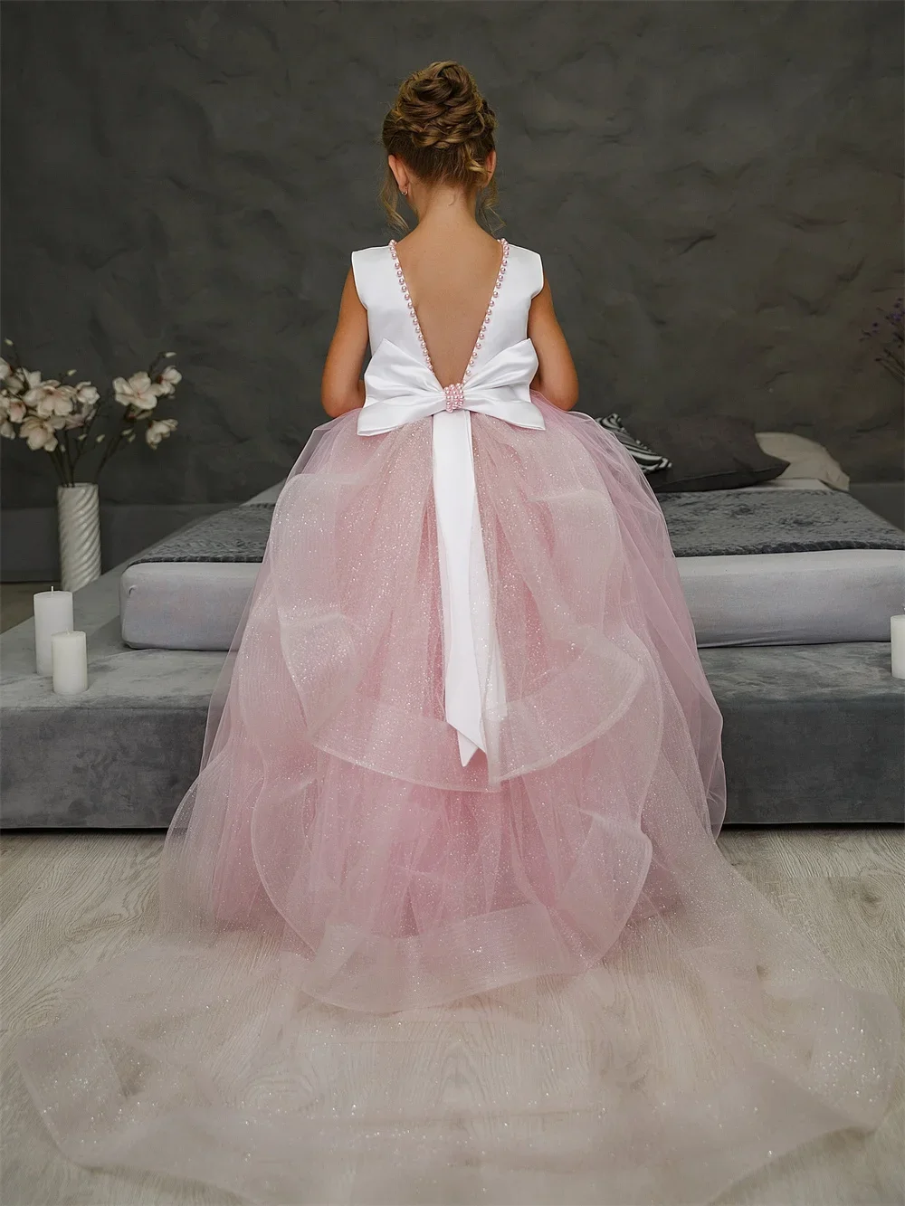 Abiti da ragazza di fiore in raso compleanno matrimonio pizzo Gossamer fiocco rosa principessa matrimonio eventi di abbigliamento formale personalizzato