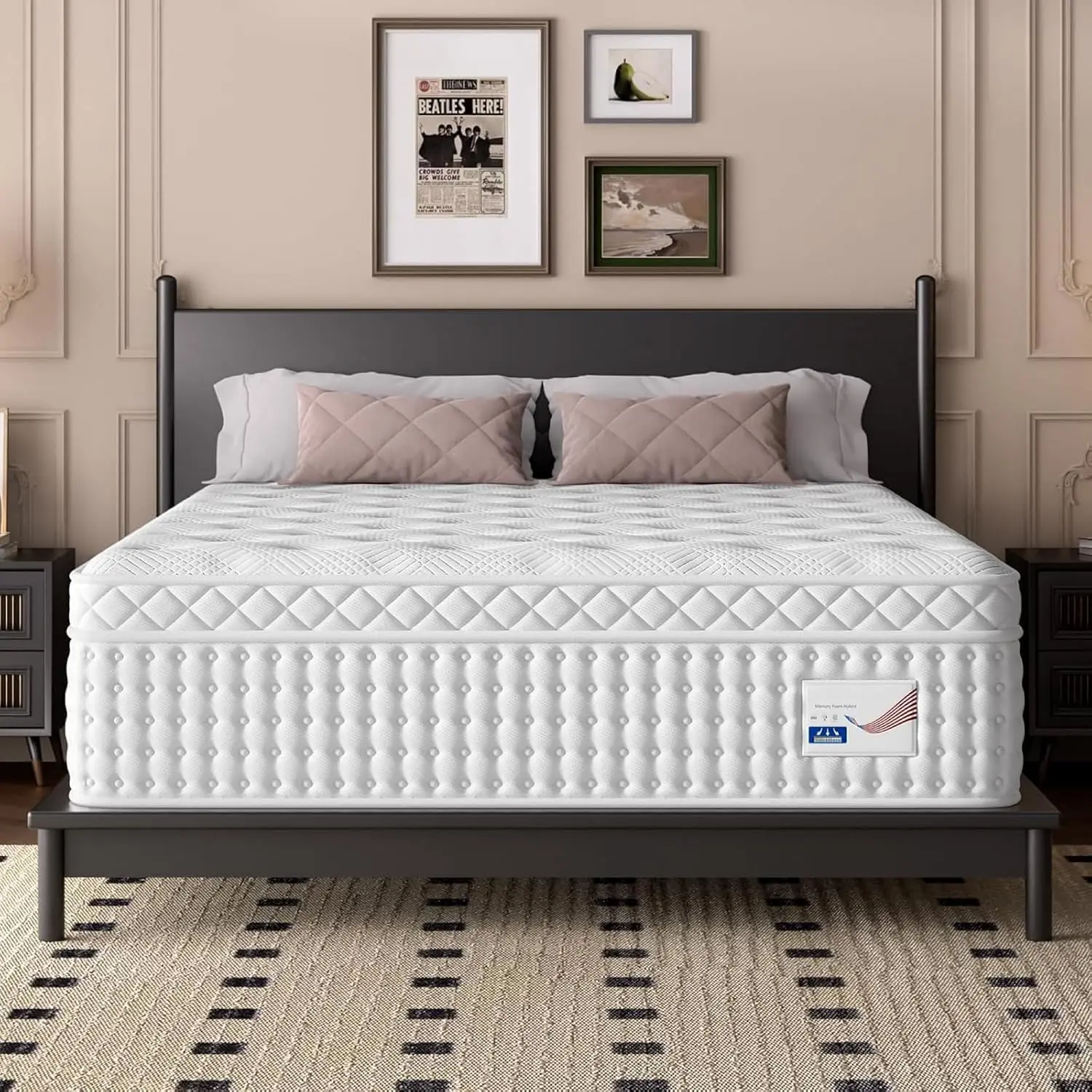 14 Inch King Hybrid Mattress, Euro Top Memory Foam and Pocket Spring Bed for Lumbar Support, Medium Firm, White, Customized