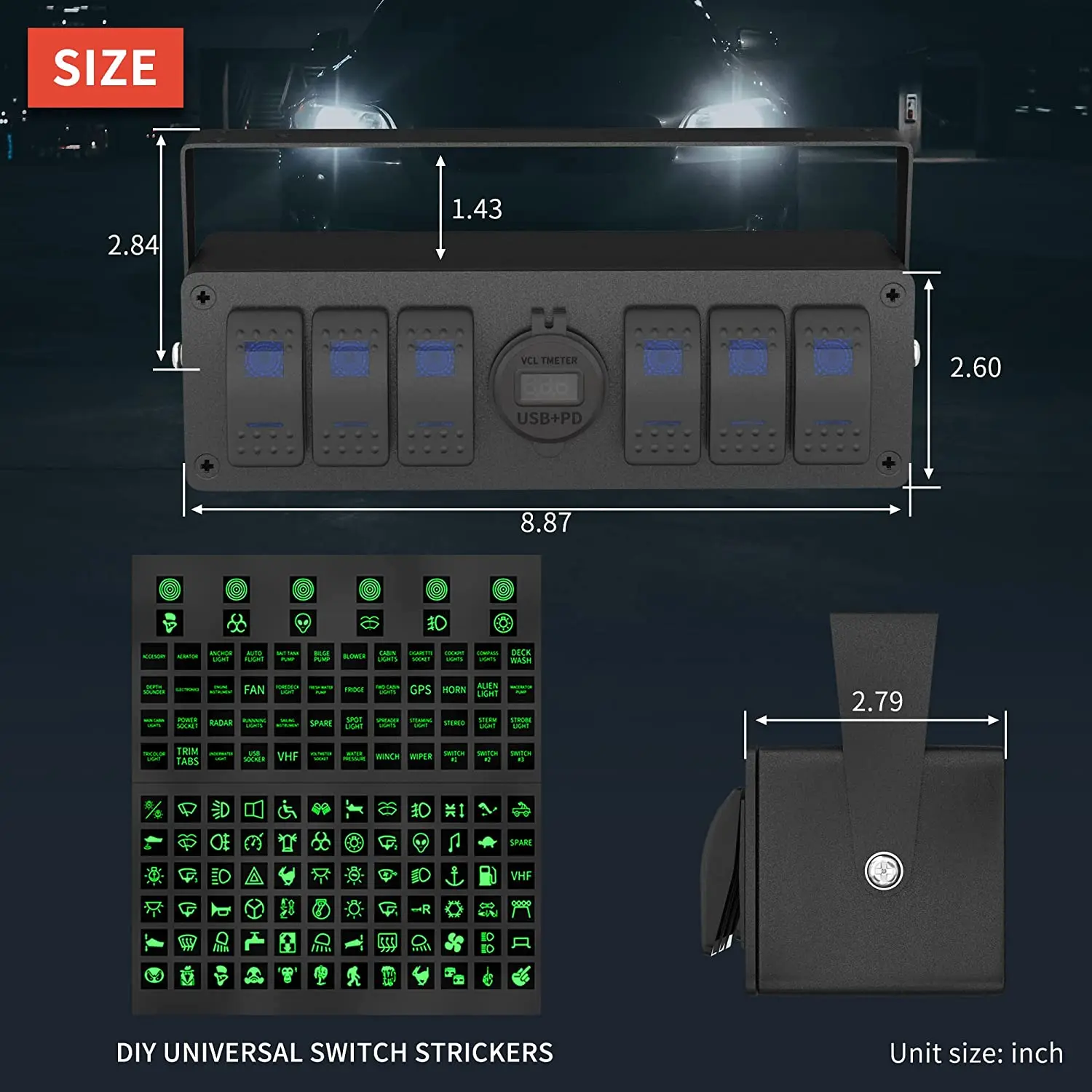 6 Gang Rocker Switch Box Waterproof 12V SPST ON/Off Switch Panel with Dual USB Outlet PD3.0 & QC3.0 Car USB Port for Boat Marine