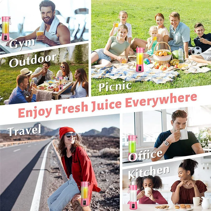 Draagbare blender Miniblender voor shakes en smoothies Oplaadbare USB 380 ml Reizende fruitpersbeker met 6 messen