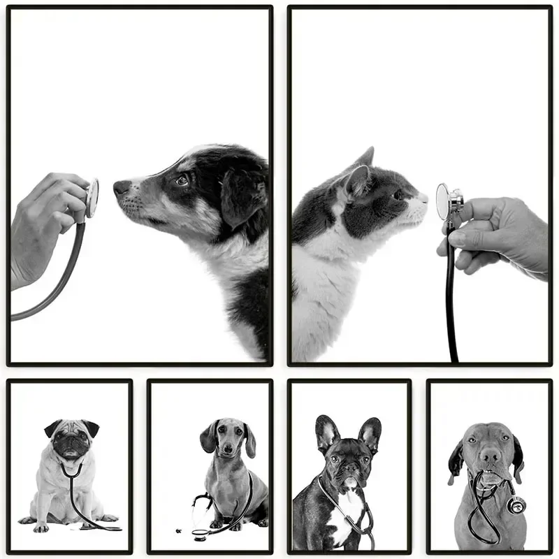 Canvas Painting Animal Dogs Cats with Stethoscopes Poster Printable Vet Med Wall Art Veterinary Vet Office Home Decor Mural