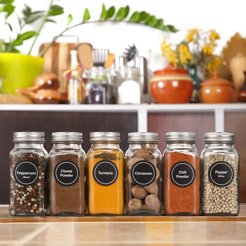 Glass Spice Jars With Labels Empty Square Spice Bottles Containers, Condiment Pot - Shaker Lids And Airtight Metal Caps Durable