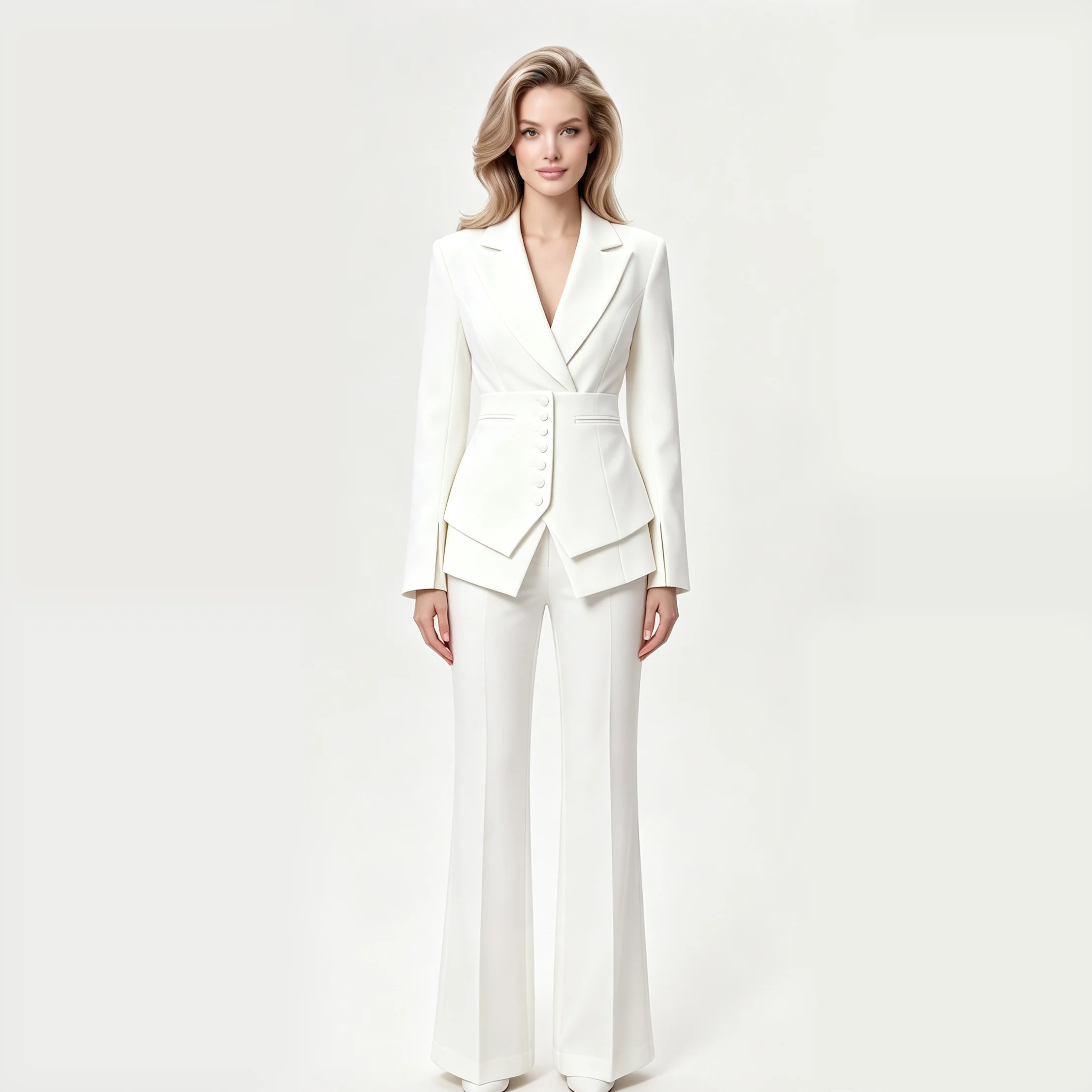 PUAL 2026  Blazer Pant Suit, Peak Lapel Waist Cinch Belt Jacket & Flared Long Trousers Women Formal Outfit