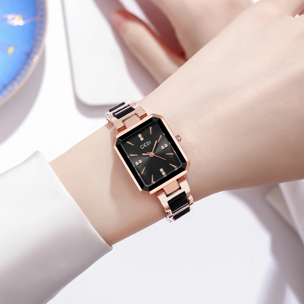 GEDI Elegant Rectangular Quartz Wrist Watch for Women Luxury Simulated Ceramic Strap Diamond Scale Waterproof Ladies Wristwatch