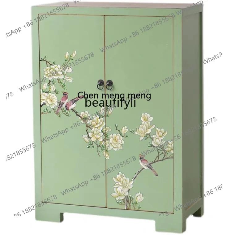 

New Chinese solid wood painting hand-painted, porch layered multi-layer shoe cabinet storage, decorative porch cabinet
