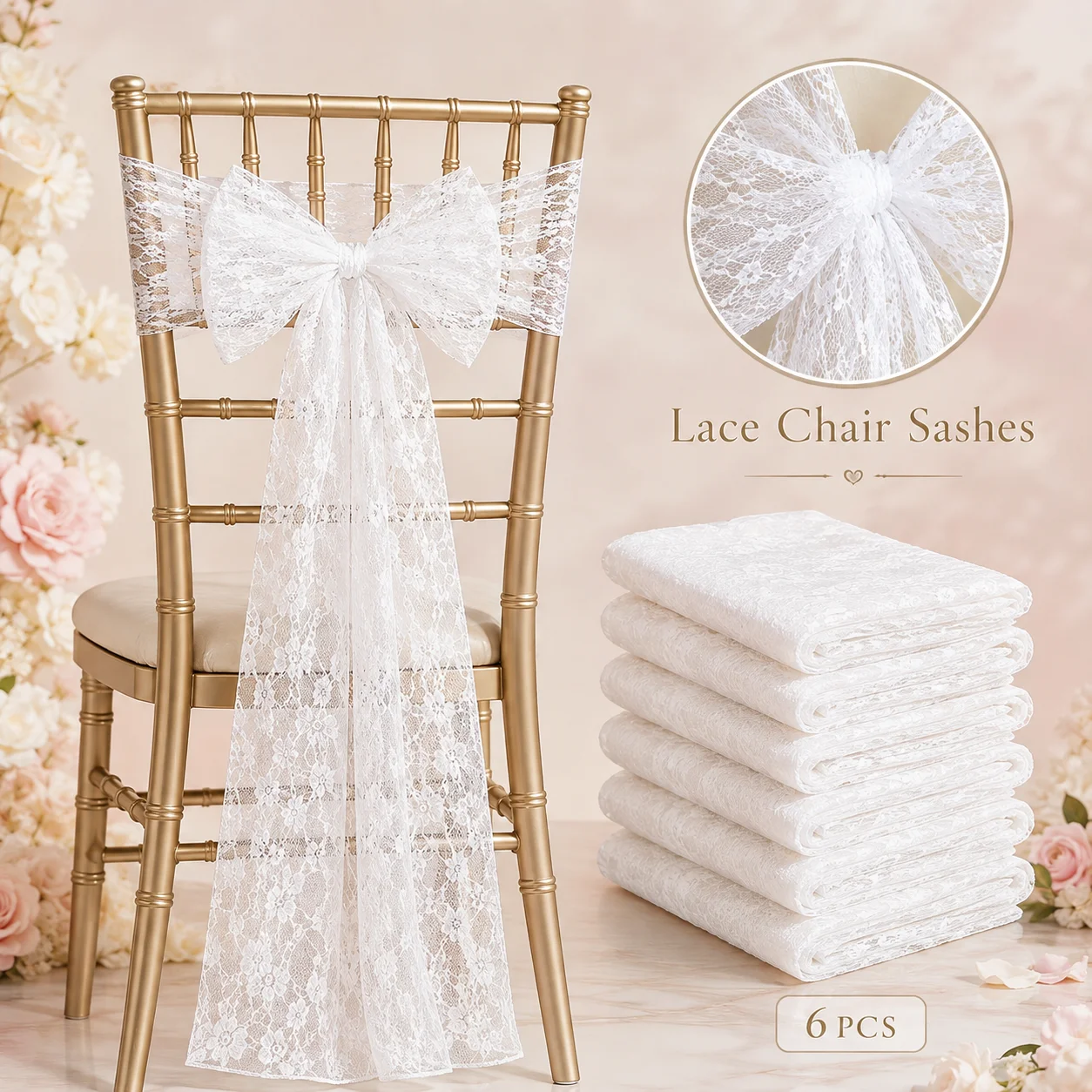 2Pcs Wedding Chair Sashes White Lace Chair Decor Extra Long Boho Embroidery Chair Bands for Ceremony Bridal Shower Party