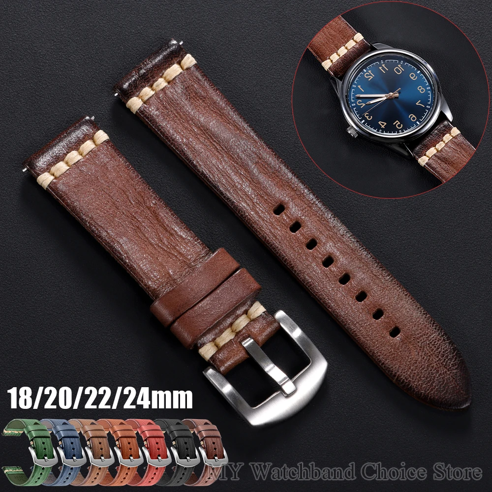 Handgefertigtes Vintage-Leder-Uhrenarmband, 18 mm, 20 mm, 22 mm, 24 mm, für Seiko, Herren und Damen, universelle Nähte, Kalbsleder-Uhrenarmband für Samsung