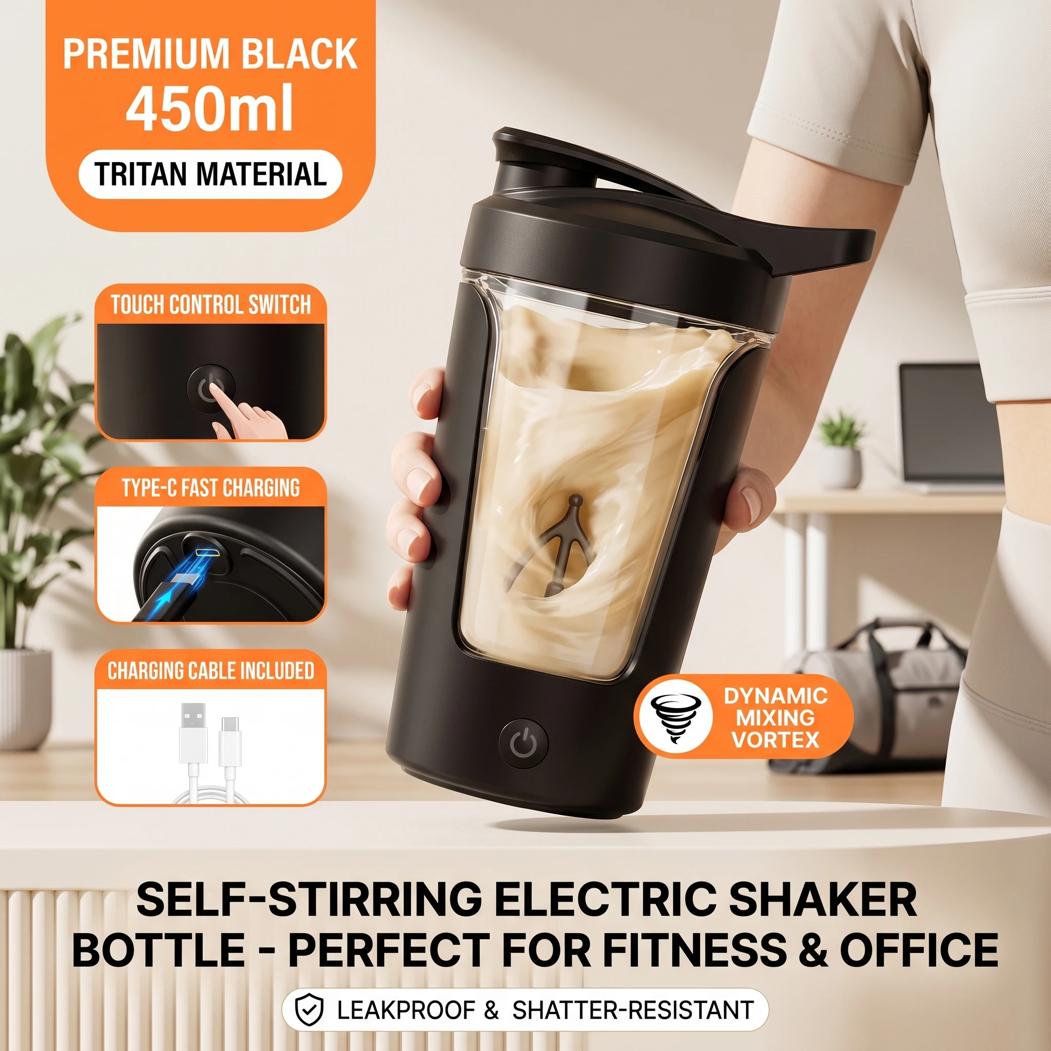 450ml Elektrischer Shaker-Becher, wiederaufladbarer Mini-Elektro-Tassenwärmer, Kaffeetassen-Shaker-Flasche mit Deckel, tragbare High-End-Kaffeetassen