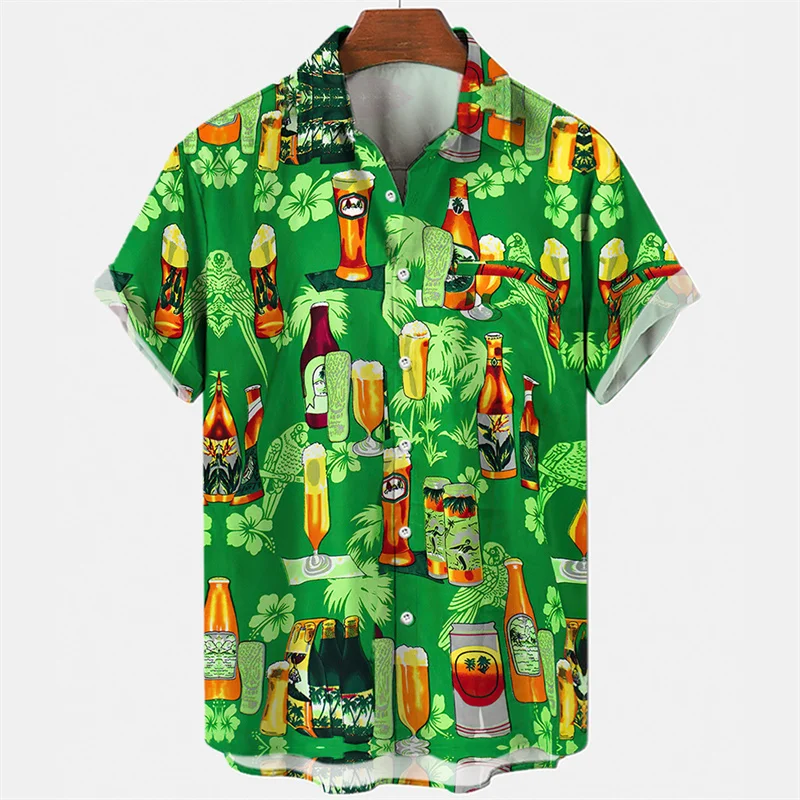 Men Short Sleeve Hawaiian Shirts 3D Print Beer Wine Graphic Beach Summer Casual Button Down Tee Shirt Tops