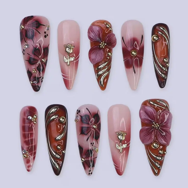 

24pcs Autumn/Winter Pure Desire Retro Nail Art Brown Three Dimensional Carving Wearing Armor High End Sensation Hot Stamped Almond shaped Fake Nail