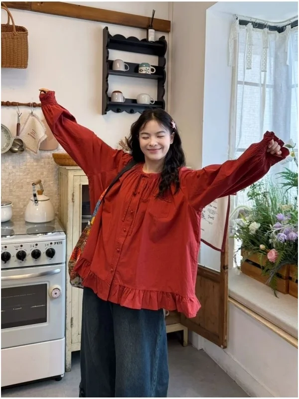 

Мужская повседневная рубашка свободного кроя с длинным рукавом и круглым вырезом, с красной кружевной отделкой, антибактериальная, антистатическая, теплая, нелиняющая, легкая в уходе