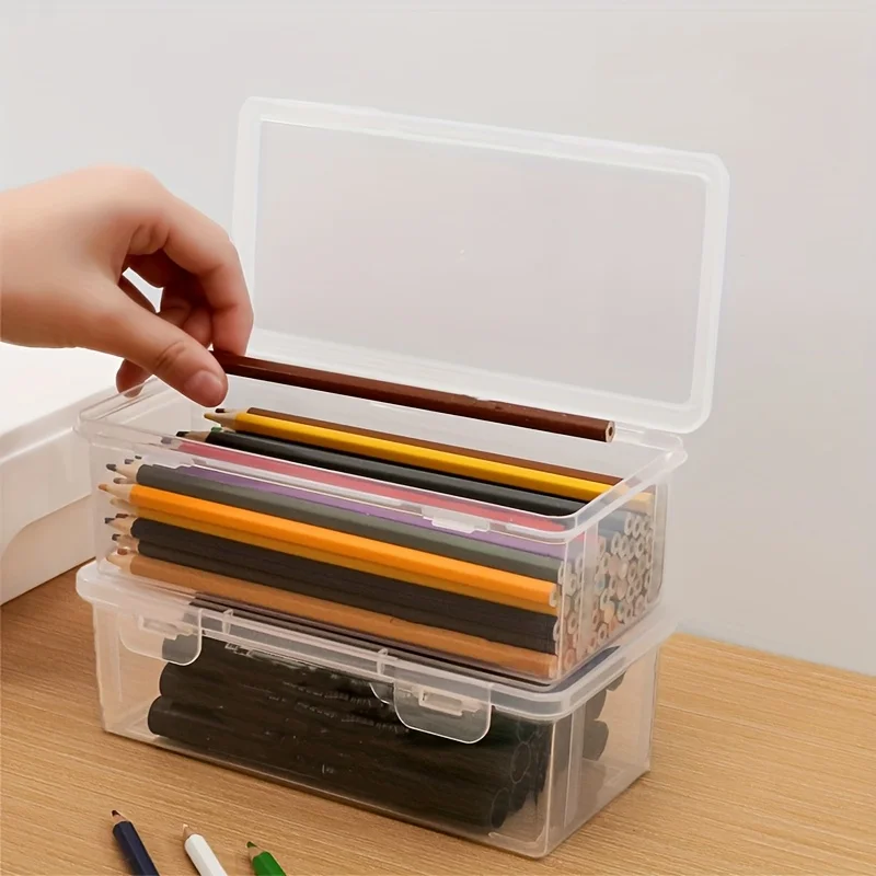 4 قطع صندوق تخزين شفاف، صندوق تخزين كبير السعة، صندوق تخزين اللوازم المكتبية، صندوق تخزين أقلام التعبئة والتغليف