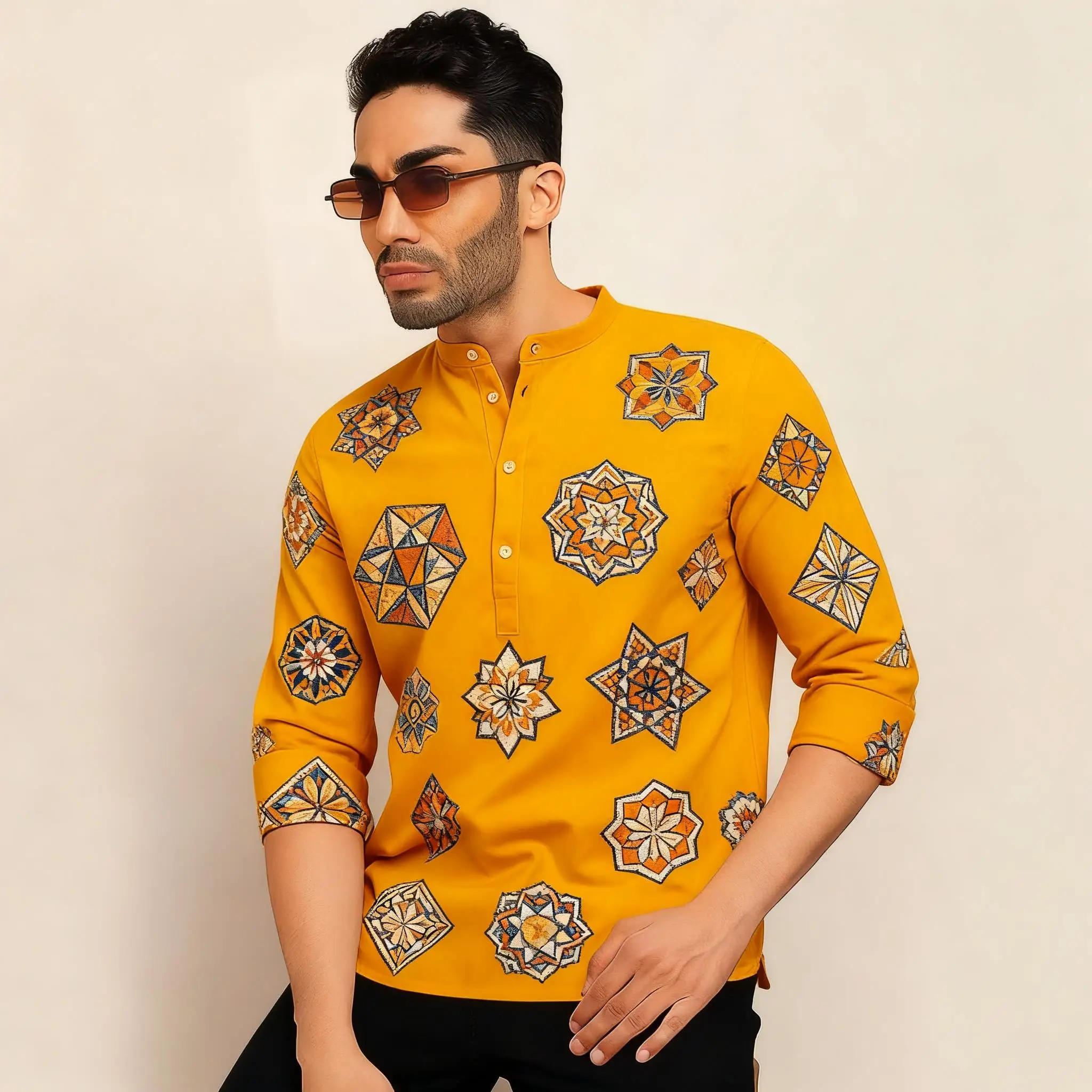 2026 رداء رجالي مسلم بأكمام طويلة قميص نمط عرقي الوقوف طوق الملابس العربية للرجال النمط الوطني الإسلامي غير الرسمي #1