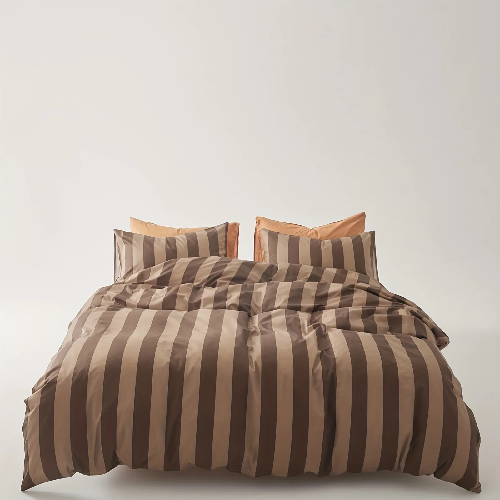 Cotton Fabric Simple Geometric Print Three-Piece Duvet Cover Set (2 Pillowcases + 1 Duvet Cover) Without Pillow Inserts or Quilt Inserts, Coffee-Colored Striped Bedspread 3-Piece Set, Ultra-Soft Comfortable Pure Cotton Breathable Bedding Duvet Cover Set, Suitable for Bedrooms and Guest Rooms, Dormitories, Zippered Duvet Cover + Pocket Pillowcase