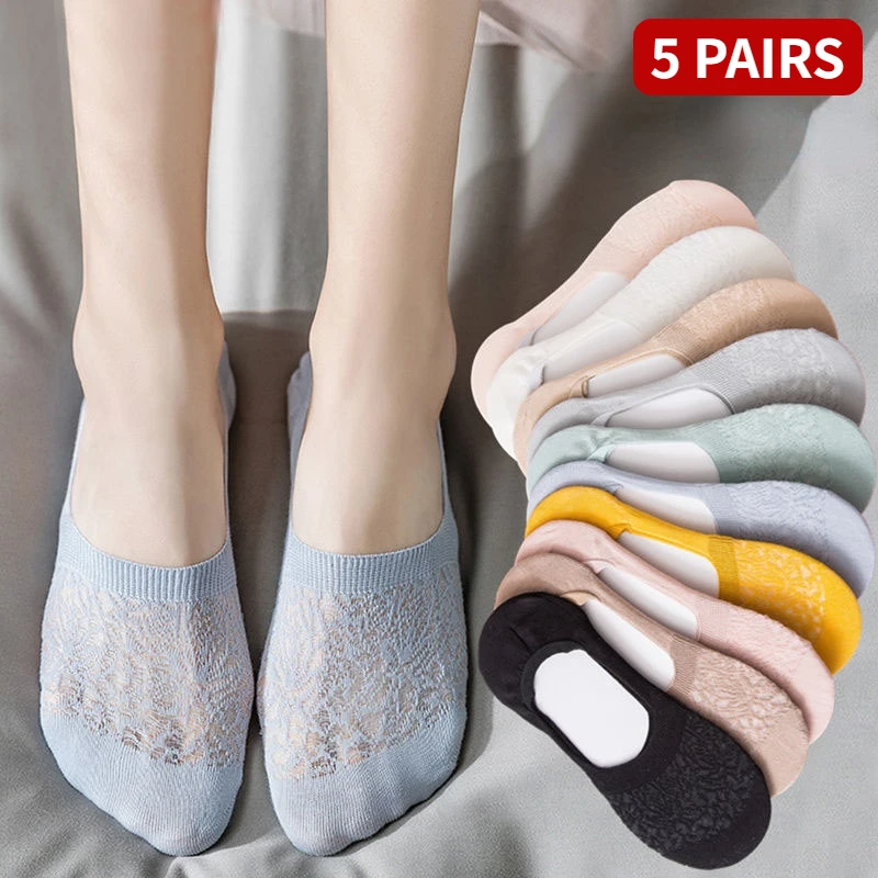 

5pair /Lot Women Invisible Mesh Socks Mujer Non-slip Chaussette Ankle Low Cut Female Cotton Boat Sock No Show Breathable Summer