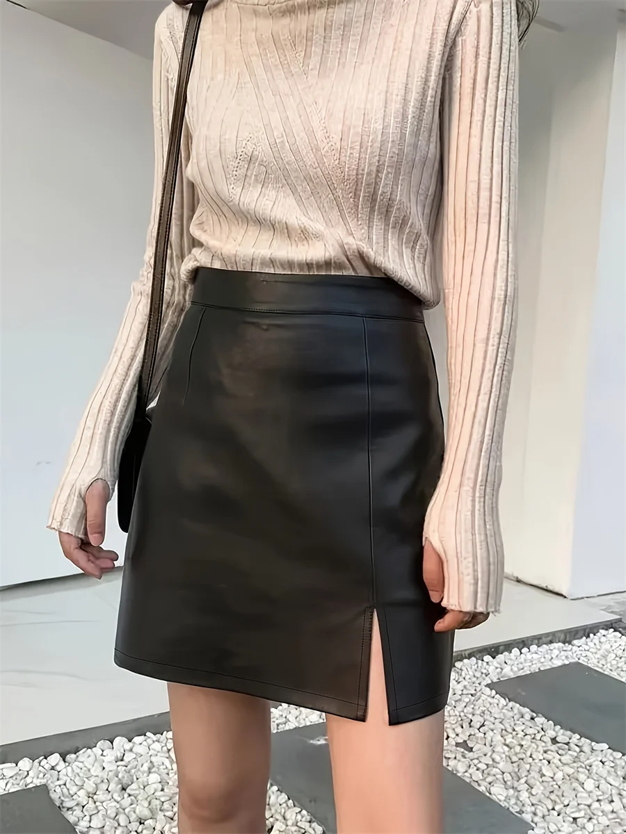 

Benuynffy Women's Black Pu Leather Skirt 2024 Autumn and Winter New Elegant High Waist Split A-line Bodycon Mini Skirts