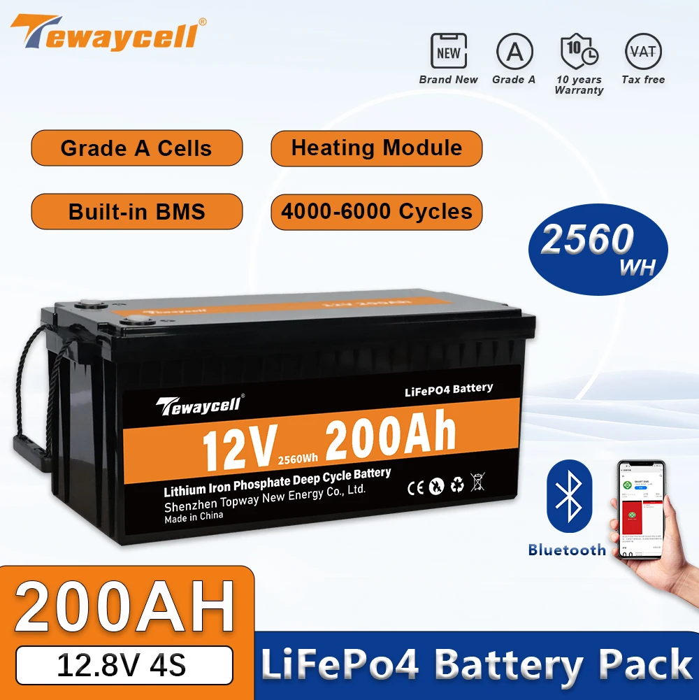 

Tewaycell 12.8V 200AH LiFePO4 Battery 4000Cycles Lithium Iron Phosphate Pack Built-in BMS Solar Power Golf Carts TAXFree Boat RV