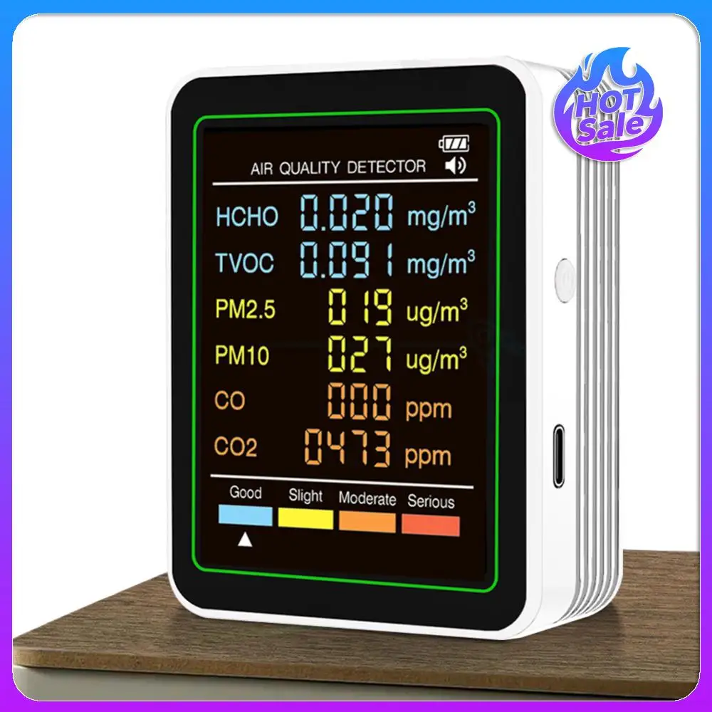 

6-in-1 Air Quality Monitor Portable Air Quality Tester Temperature Humidity Detector for Office School & Hotel