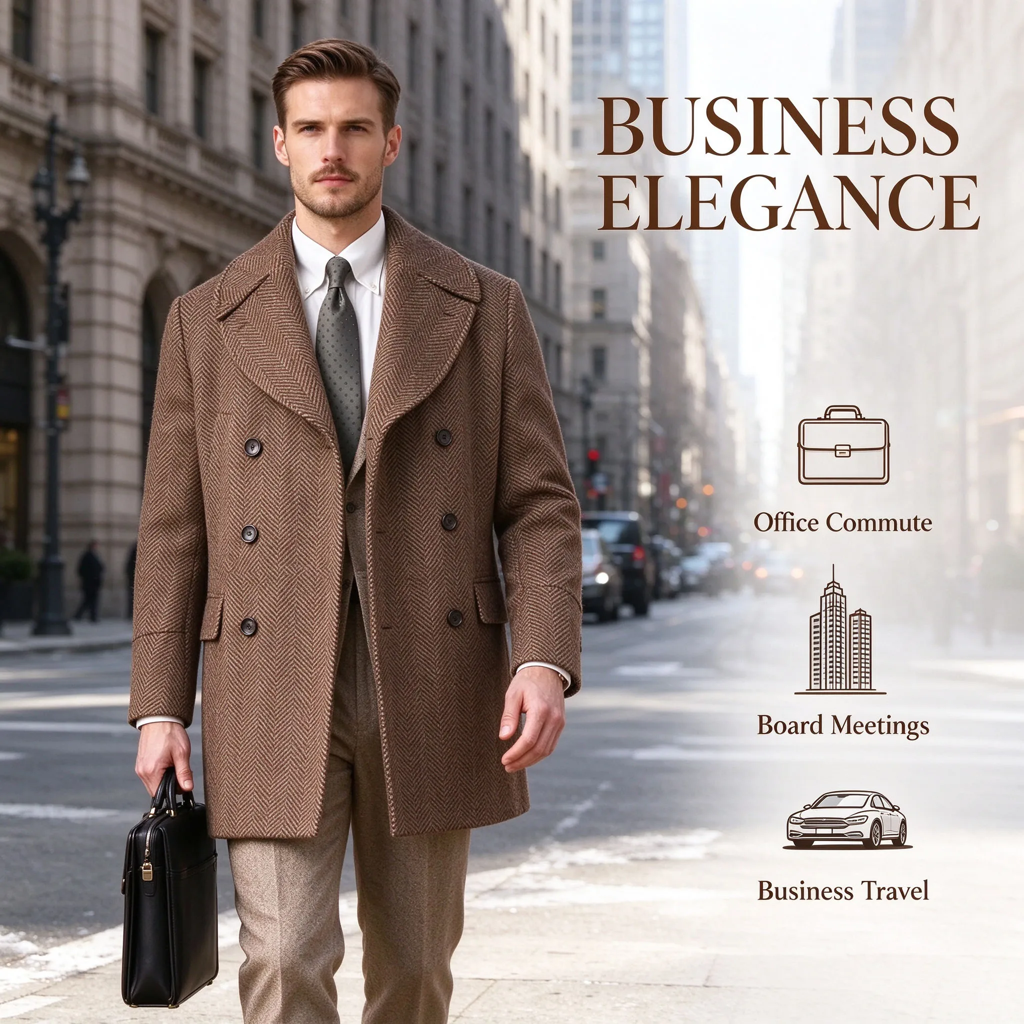 Herren Doppelreihiger Fischgrät-Tweed-Mantel, Langer Wollmantel mit Breitem Spitzrevers, Klassische Passform, Vintage Business-Formeller Wintermantel