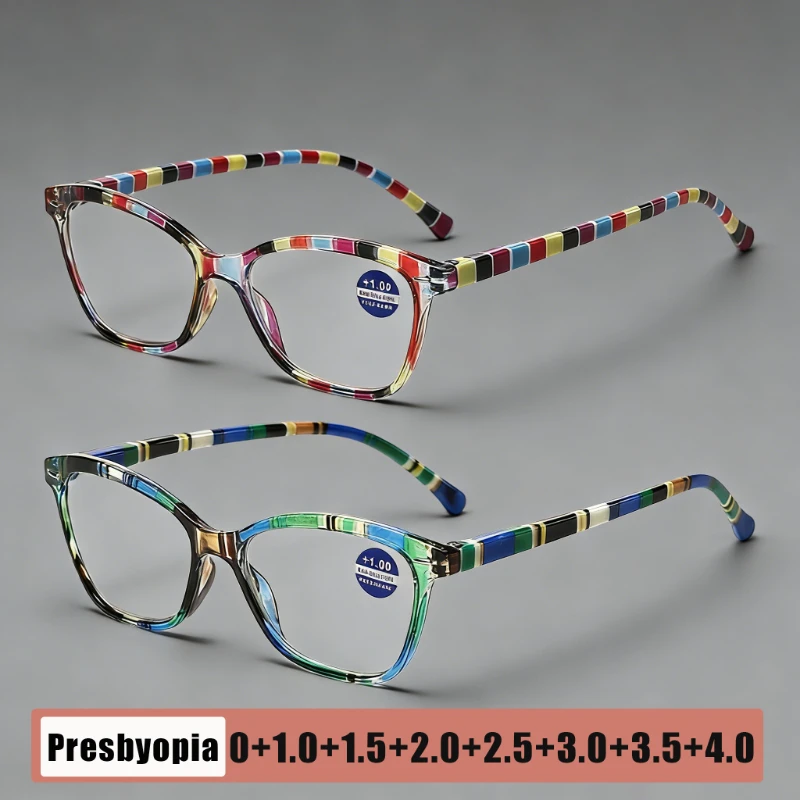 

2026 New Women's INS Style Fashion Printed Reading Glasses Classic Striped Square Frame Blue Light Blocking Presbyopia Glasses