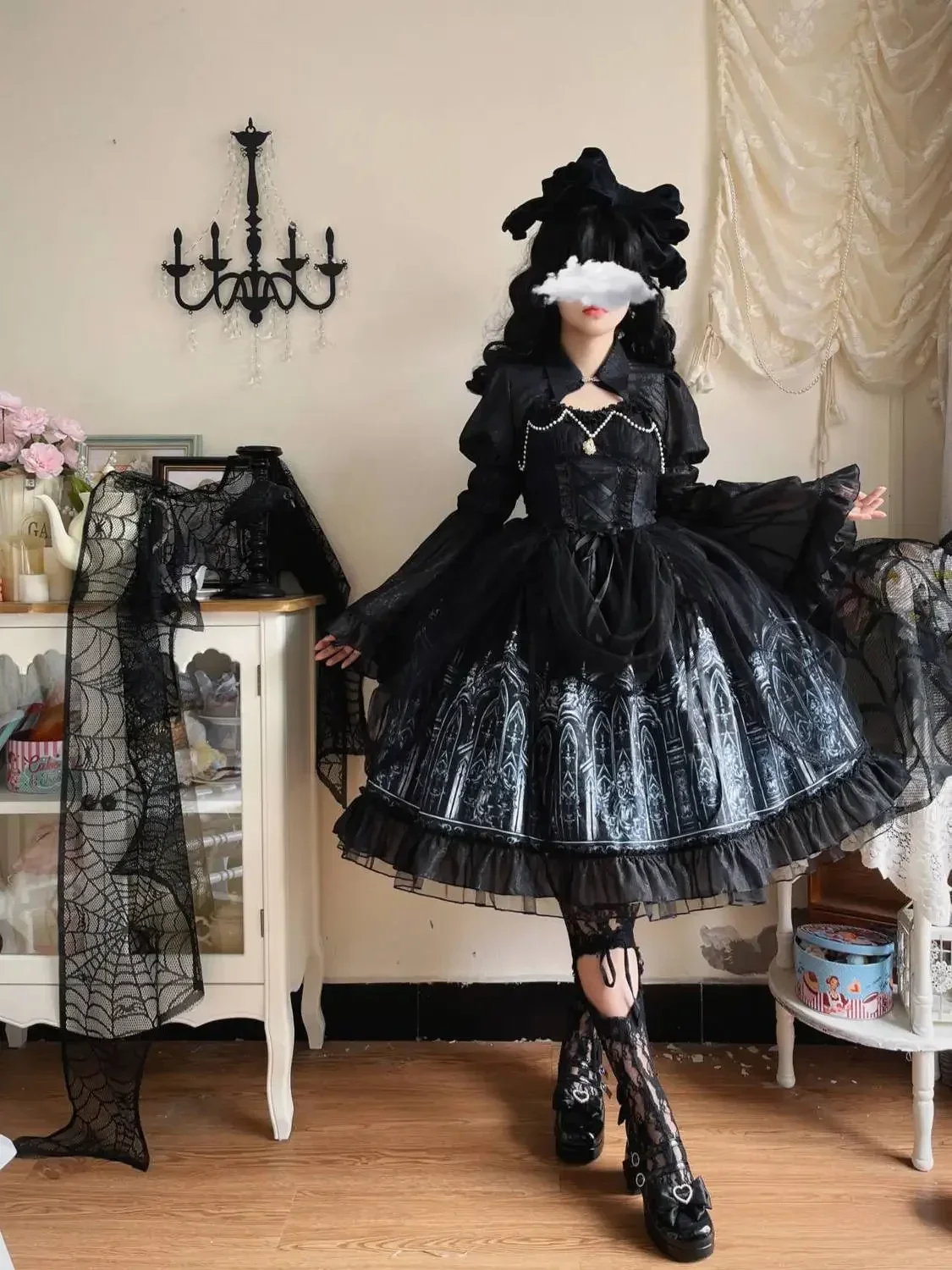 Japanese Lolita Gothic Dress Women Victorian Printed Long Sleeve Lace Vintage Dress With Shawl Harajuku Punk Party Evening Dress