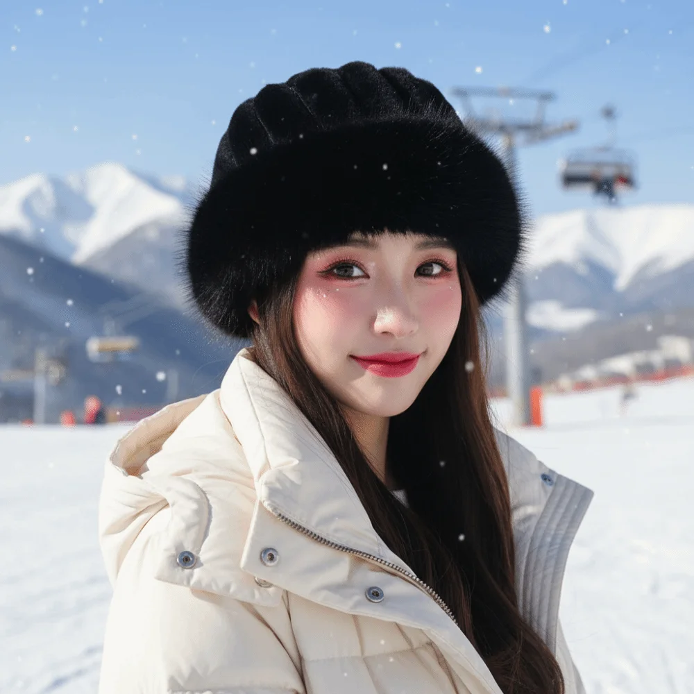 Vertical Texture Striped Fur Hat Fleece Lining Faux Fur Brim Puffy Bucket Cap Soft Windproof Fluffy Winter Bonnet Cycling