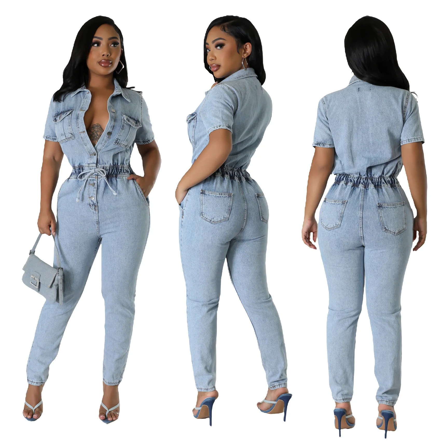 

Bleached One Piece Denim Women Overalls Ankle Length Pencil Jean Pants Solid Spliced Jeans Pockets Casual Skinny Washed