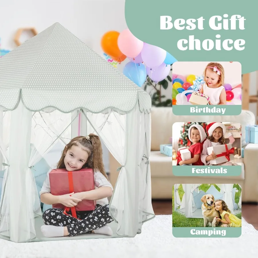 Blauwe zeshoek prinses kasteeltent voor meisjes met sprookjessterverlichting binnen buiten speelhuisje speelgoed voor peuters groen thema