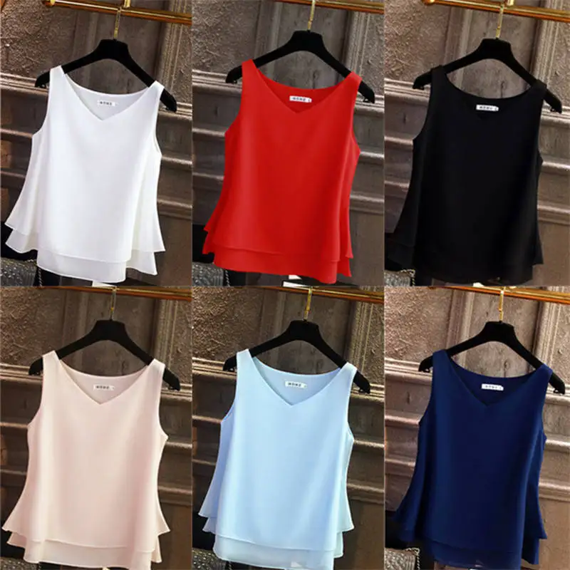 2024 Fashion Brand Women\'s Blouse Tops Summer Sleeveless Chiffon Shirt Solid V-neck Casual Blouse Plus Size 5XL Loose Female Top