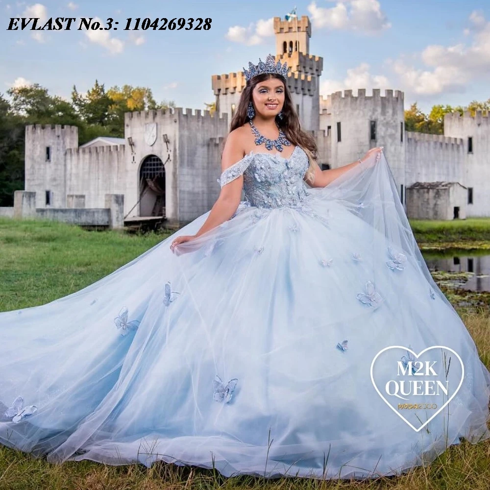 EVLAST Customized Shiny Sky Blue Quinceanera Dress Ball Gown Butterfly Applique Beaded Corset Sweet 16 Vestidos De 15 Anos E3Q35