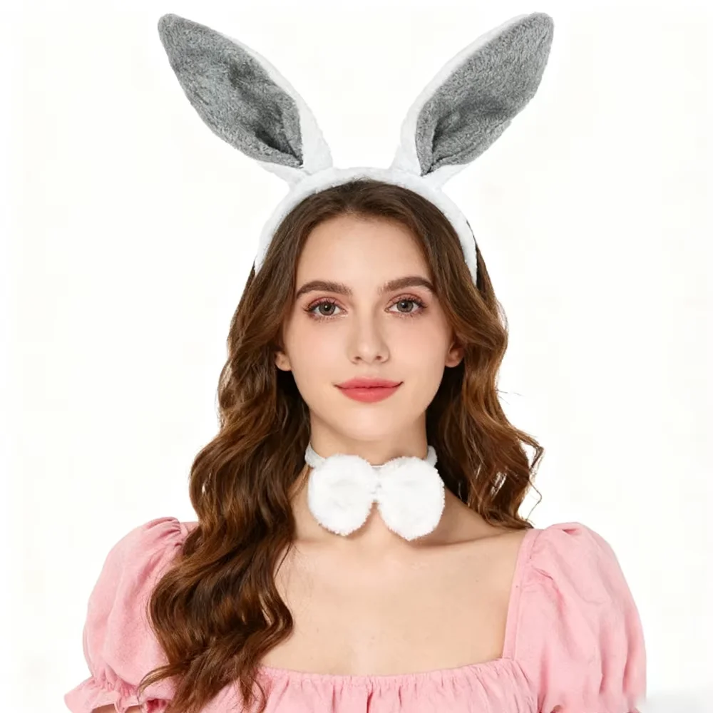 PESENAR  Easter Bunny Costume Set with Grey Ears Headband Bow Tie and Tail for Holiday Party Accessory