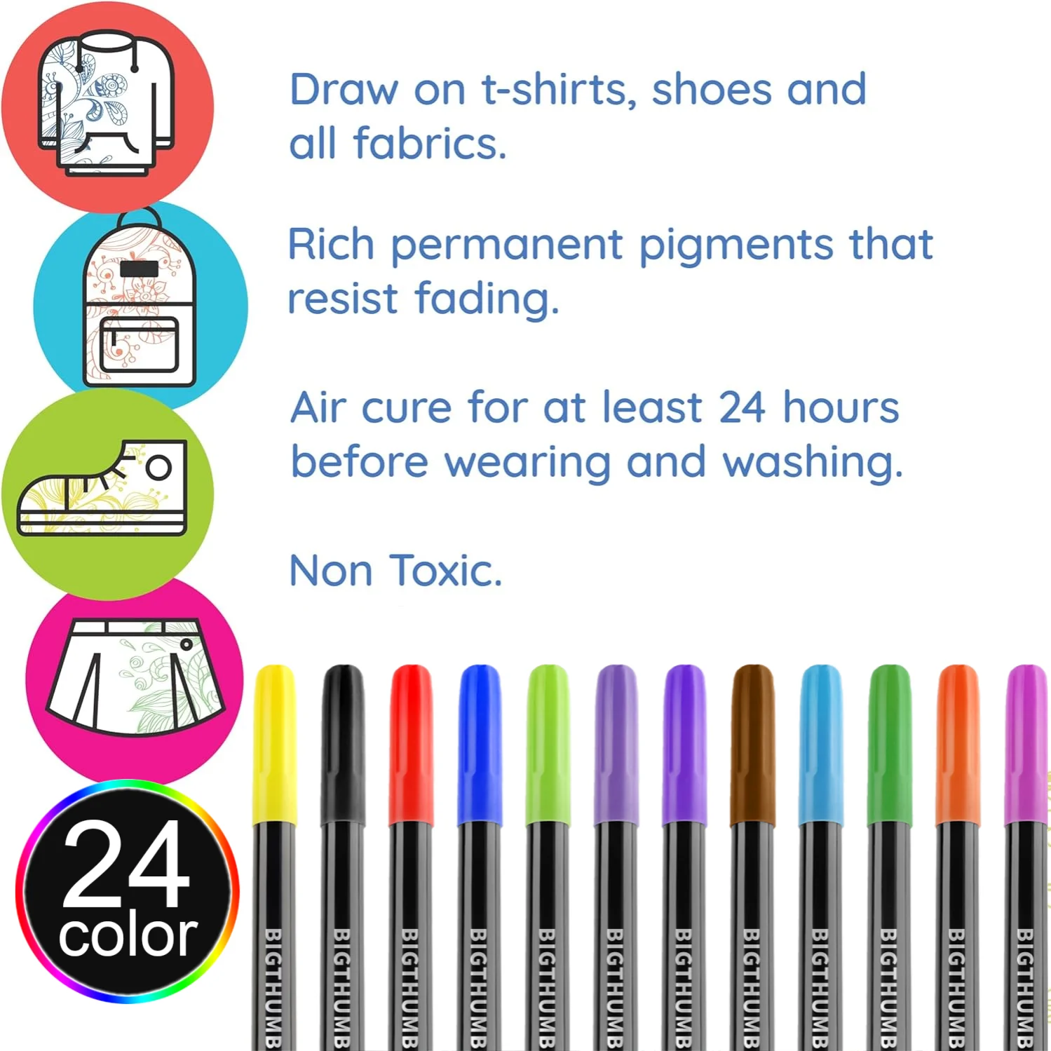 Fabric Markers Permanent For Clothes,24Colors,Waterproof&Machine Washable,No Bleed Pen for T-Shirt,Canvas Shoes,Bags,Pillowcase
