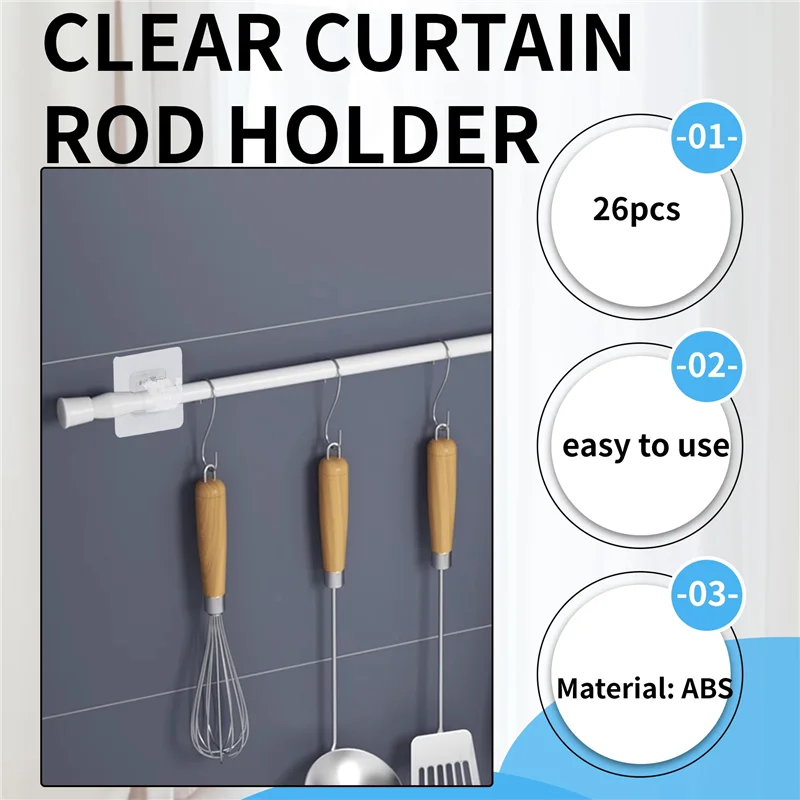 -ABGY 26PCS Curtain Rods No Drill Curtain Rod Brackets Hooks Nail Free Adjustable Stick On Curtain Rod Transparent Hook