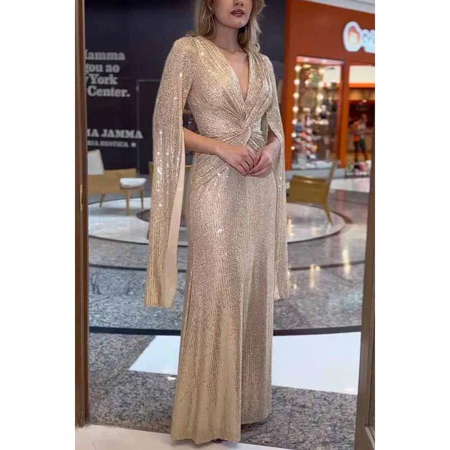 

Evening Dress Women Temperament Elegant Deep V-neck Fold Sequin Long Dresses Fashion Slit Long Sleeve Party Prom Banquet Vestido