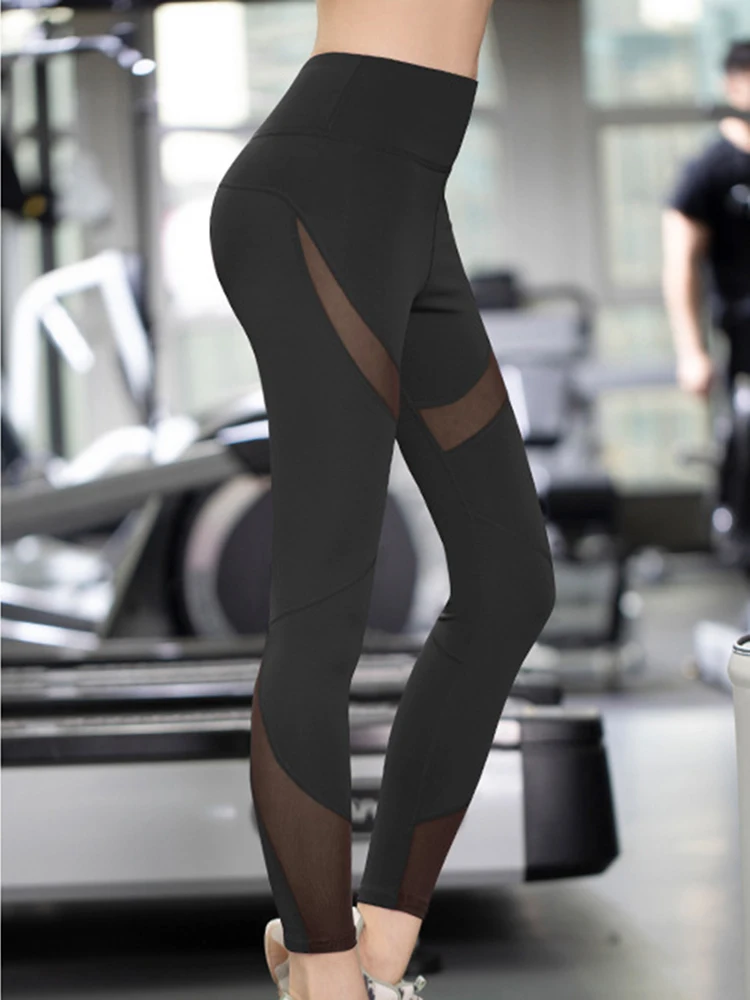 Patchworkowy, z siatką legginsy seksowne spodnie kobiet Jeggings damskie elastyczne Fitness wysoki stan trening wygodny i oddychający