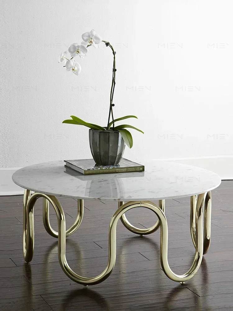 round Metal Tea Table Natural Jazz White Marble Tea Table Electroplated Champagne Gold Base Arc Shaped Coffee Table