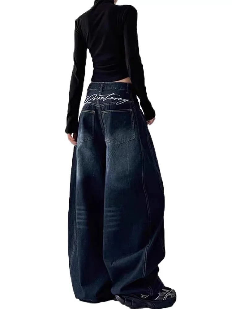 

American Vibe Embroidered Fleece Lined Wide Leg High Waist Straight Cut Scythe Long Pants Women's Autumn Winter Casual Jeans