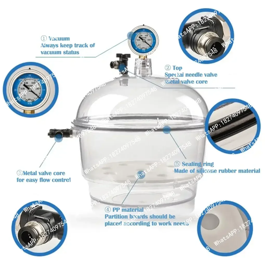 Lab Vacuum Desiccator 250mm Polycarbonate Plastic Vacuum Desiccator Jar with Pressure Gauge Vacuum Drying Double Ball Valve