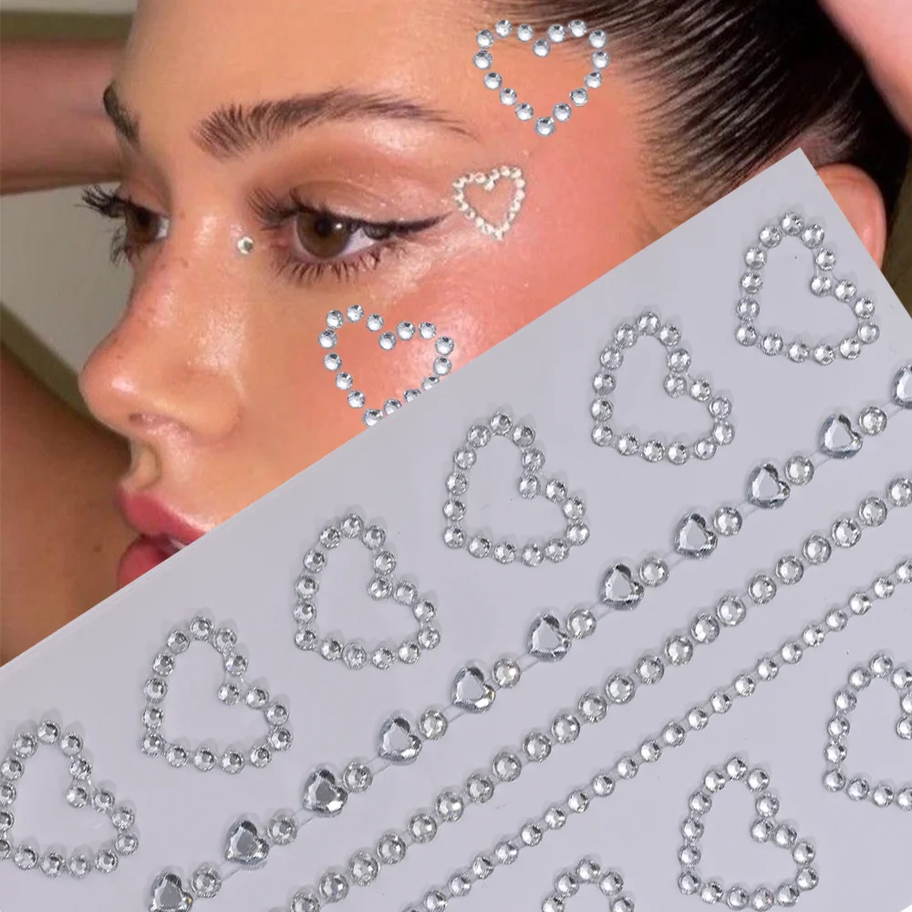 

1Sheet 3D Hollow Love-Heart Face Gems Tattoo Stickers Eyeshadow Rhinestone Self-Adhesive Sticker DIY Festival Party Makeup Decor