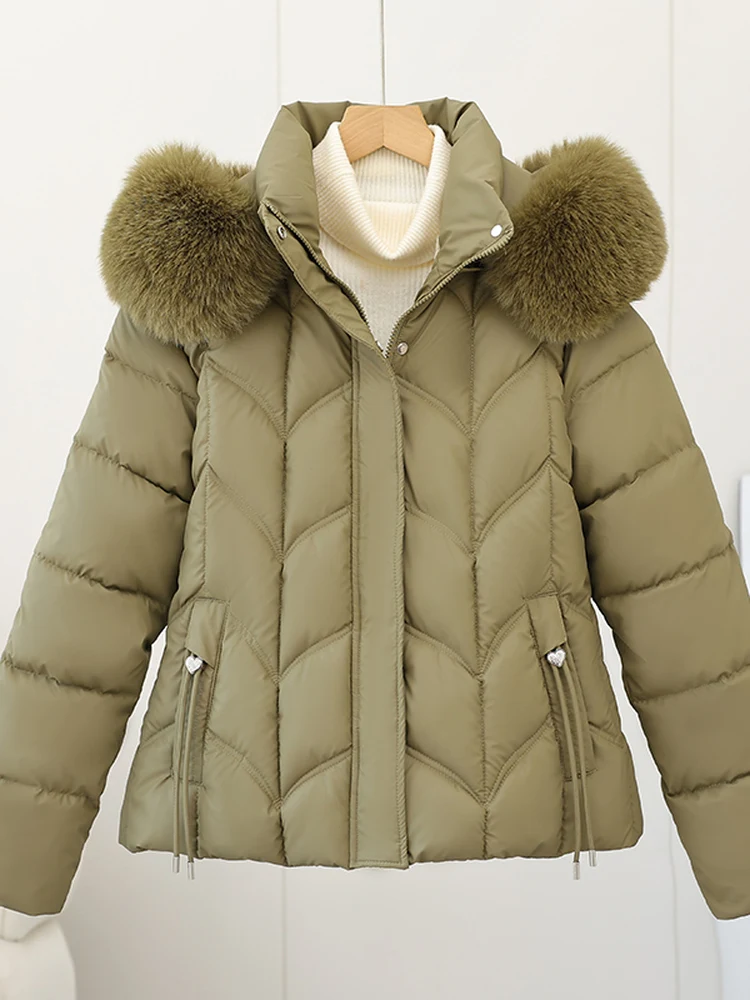 Casaco Feminino de Inverno com Forro de Algodão, Ajuste na Cintura, Gola de Pele Destacável, Estilo Casual para o Dia a Dia